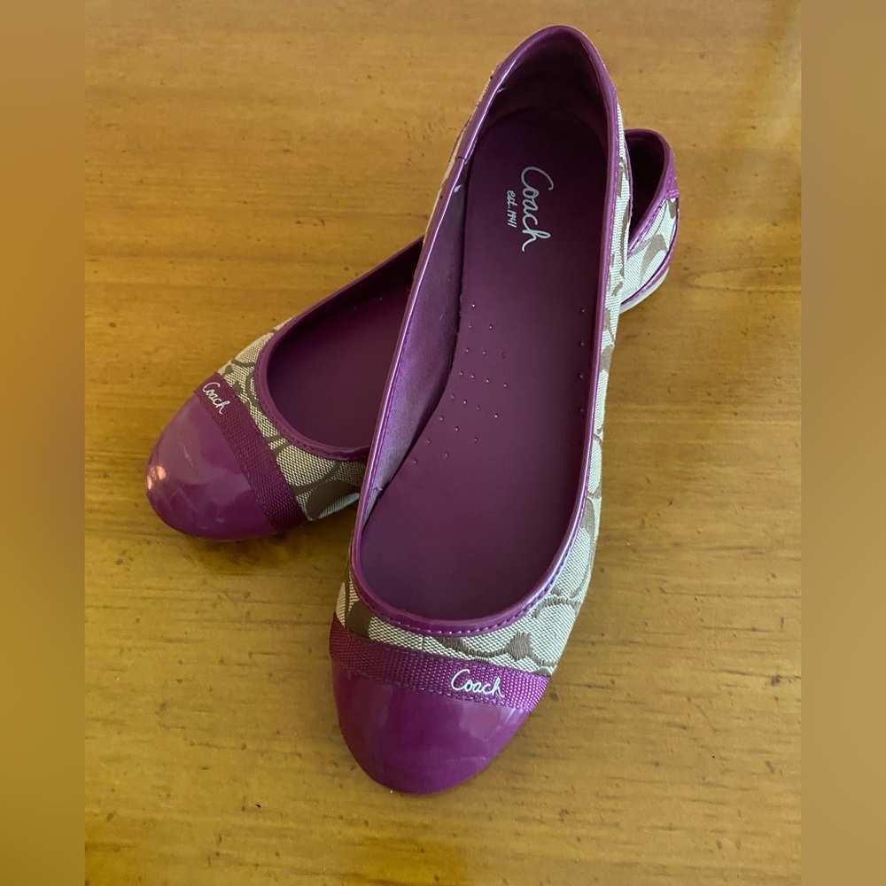 Coach Cecile Purple Ballet Flats Size 8 Women’s Tan Y2k Patent Leather Canvas